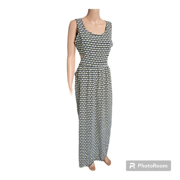 Sweet Storm Sleeveless Side Cut-outs Blue Lime White Geo Print Maxi Dress /L - Picture 7 of 12